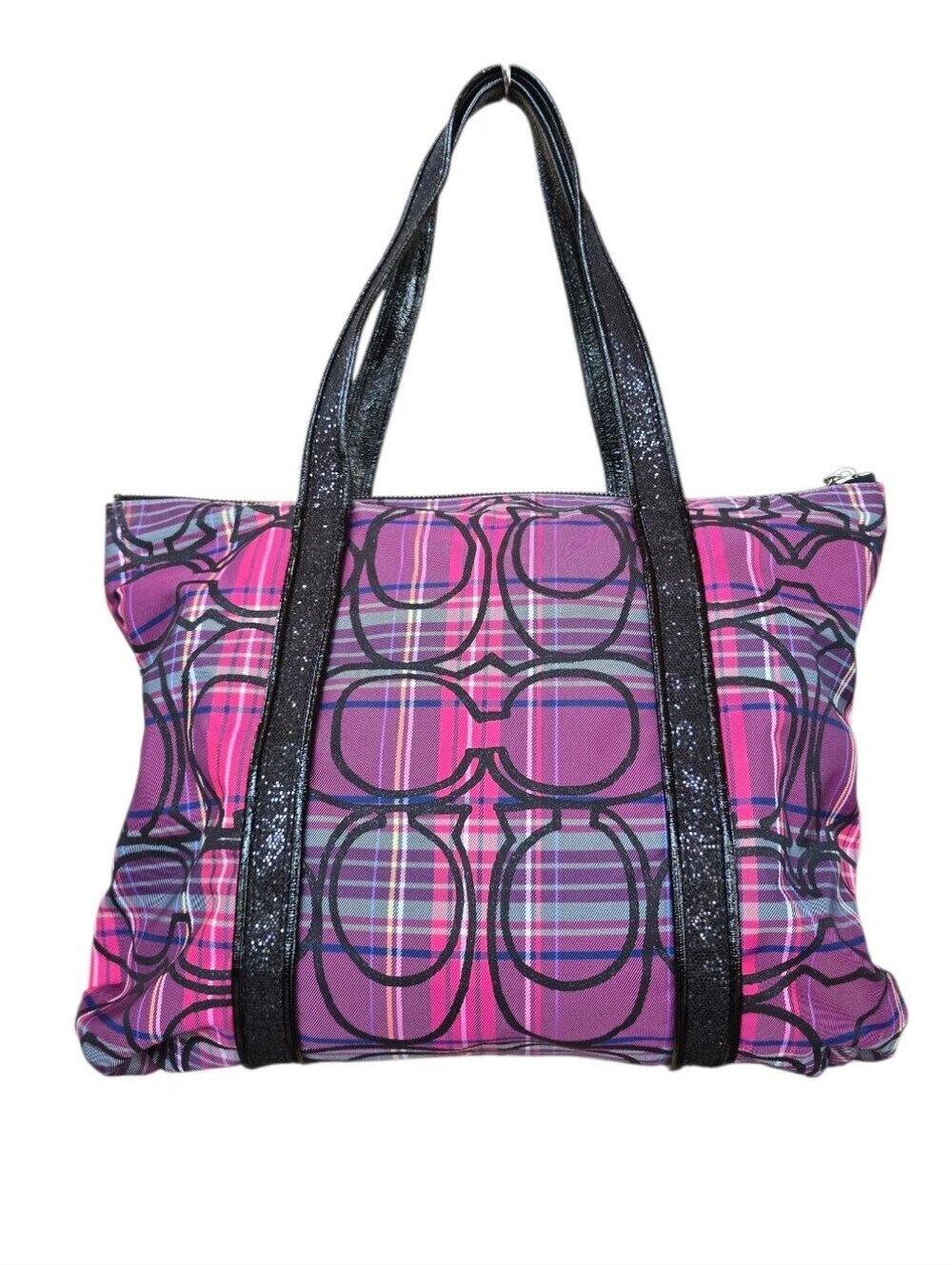 Coach Poppy Tartan Plaid Glam Purple Magenta Black Tote Bag - Picture 5 of 16